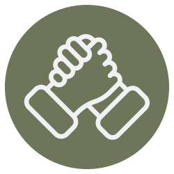 Two hands clasped in a handshake, depicted as a white line drawing on a circular olive green background.