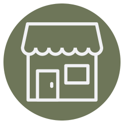 A minimalistic icon of a store or shop, characterized by a simple geometric design with a door, a large window, and an awning.