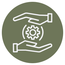 Icon representing the concept of teamwork, collaboration, or the exchange of services, demonstrating one hand passing a gear cog to another hand, symbolizing the transfer of ideas, responsibilities, or tasks.